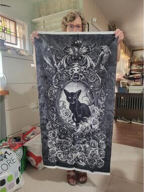 Black Cat and Roses Decorative Fabric Panel